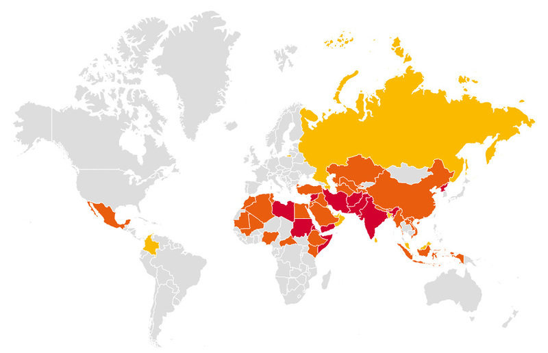 Open Doors Die Karte zeigt das Ausmaß der Christenverfolgung im jeweiligen Land: rot - extrem, orange - sehr schwer, gelb - schwer